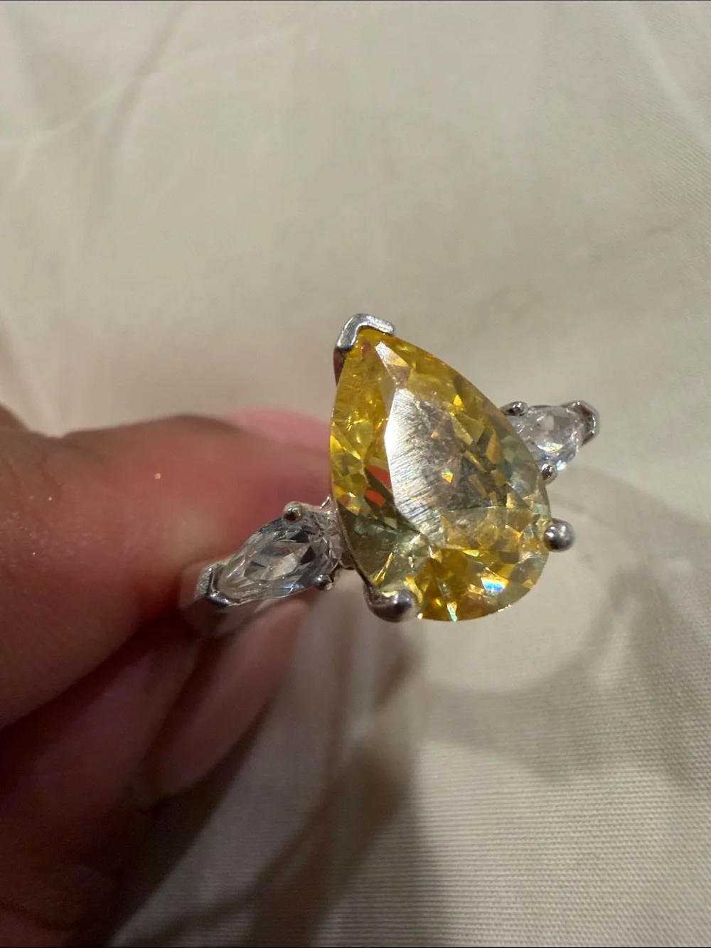 925 Silver Pear-Cut Yellow Citrine Ring with Side Cubic Zirconia stones